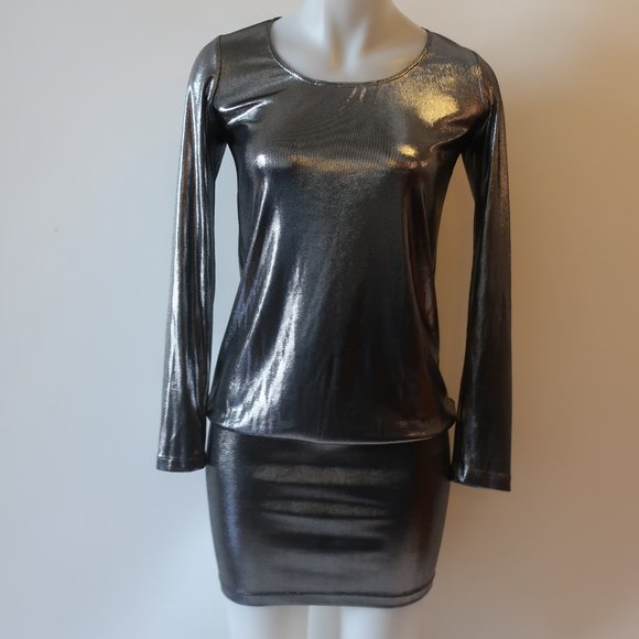 Womens RN CONVERTIBLE Pewter Metallic Long Sleeve Bodycon Mini Dress P US/XS * - Picture 1 of 13